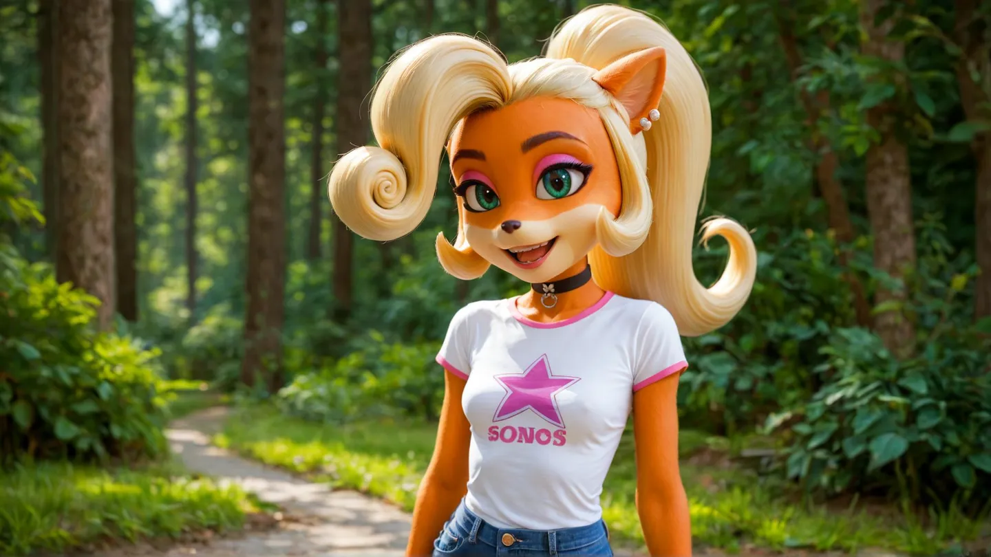 Anthropomorphic female fox with blonde hair in a forest, generated using Stable Diffusion.