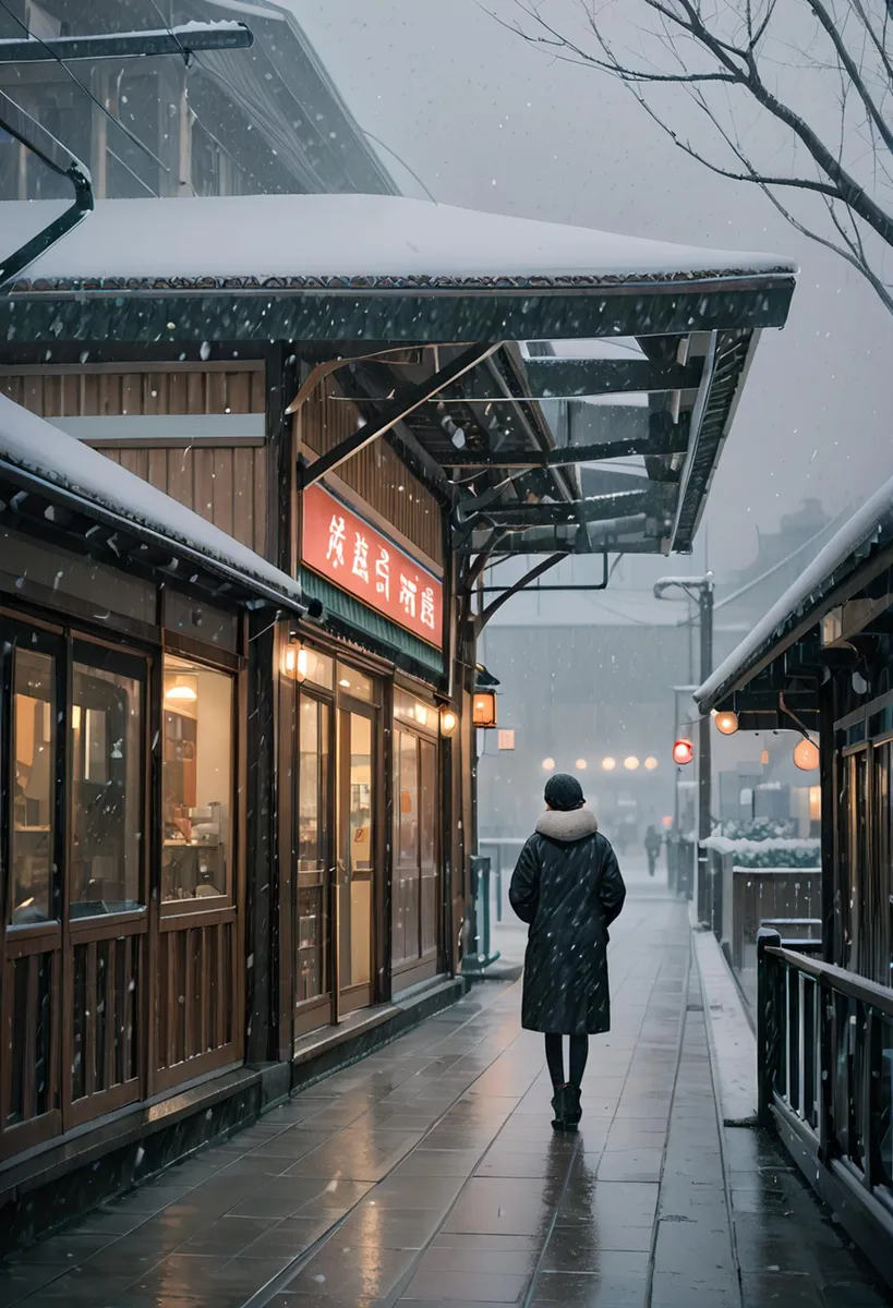 AI generated image of a narrow Japanese street covered in snow at dusk, with a single person walking wearing a coat and hat. Created using Stable Diffusion.