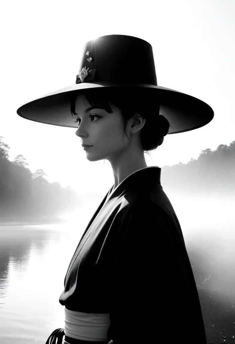 Black and white portrait of a Japanese woman in traditional attire with a large hat by a serene lake, generated using stable diffusion AI.