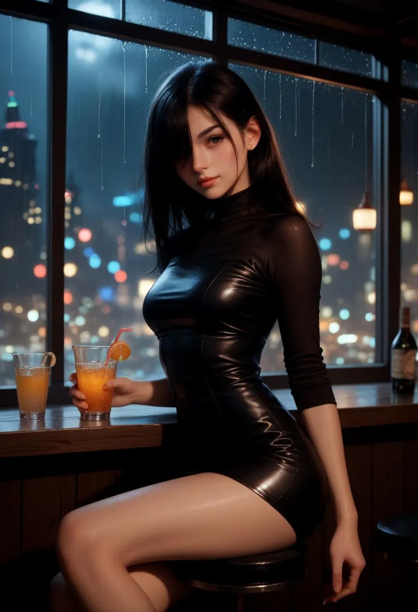 Sensual woman in a black dress sitting by a window with nighttime city lights in the background, AI generated image using Stable Diffusion