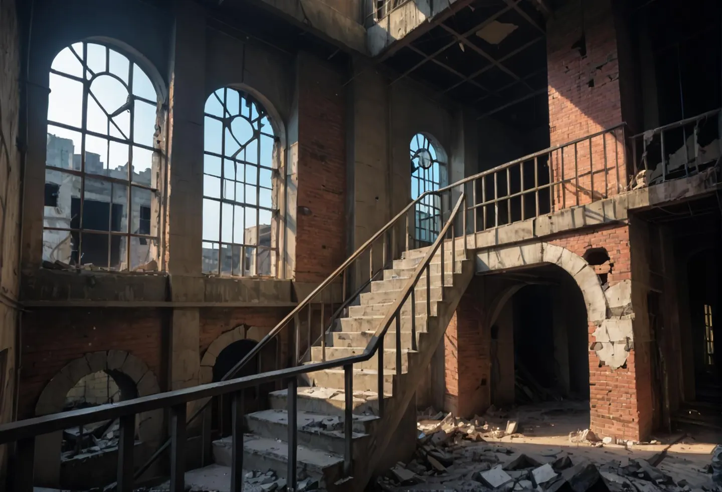 An AI generated image using stable diffusion of an abandoned building with broken windows and a staircase inside.