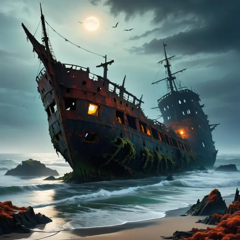 A haunting, abandoned shipwreck on a moonlit beach with a full moon illuminating the dark clouds and calm waves, created using Stable Diffusion.