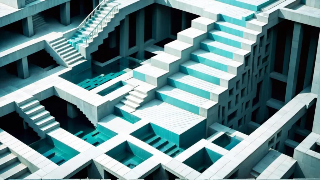 An ai generated image using stable diffusion, showcasing an abstract architectural design with intricate geometric staircases, forming a maze-like structure.