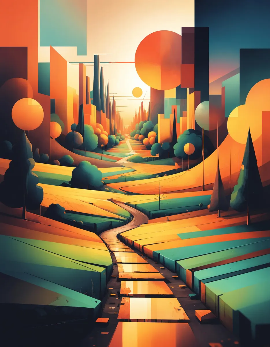 An abstract landscape featuring vibrant colors and geometric shapes, generated using Stable Diffusion AI.