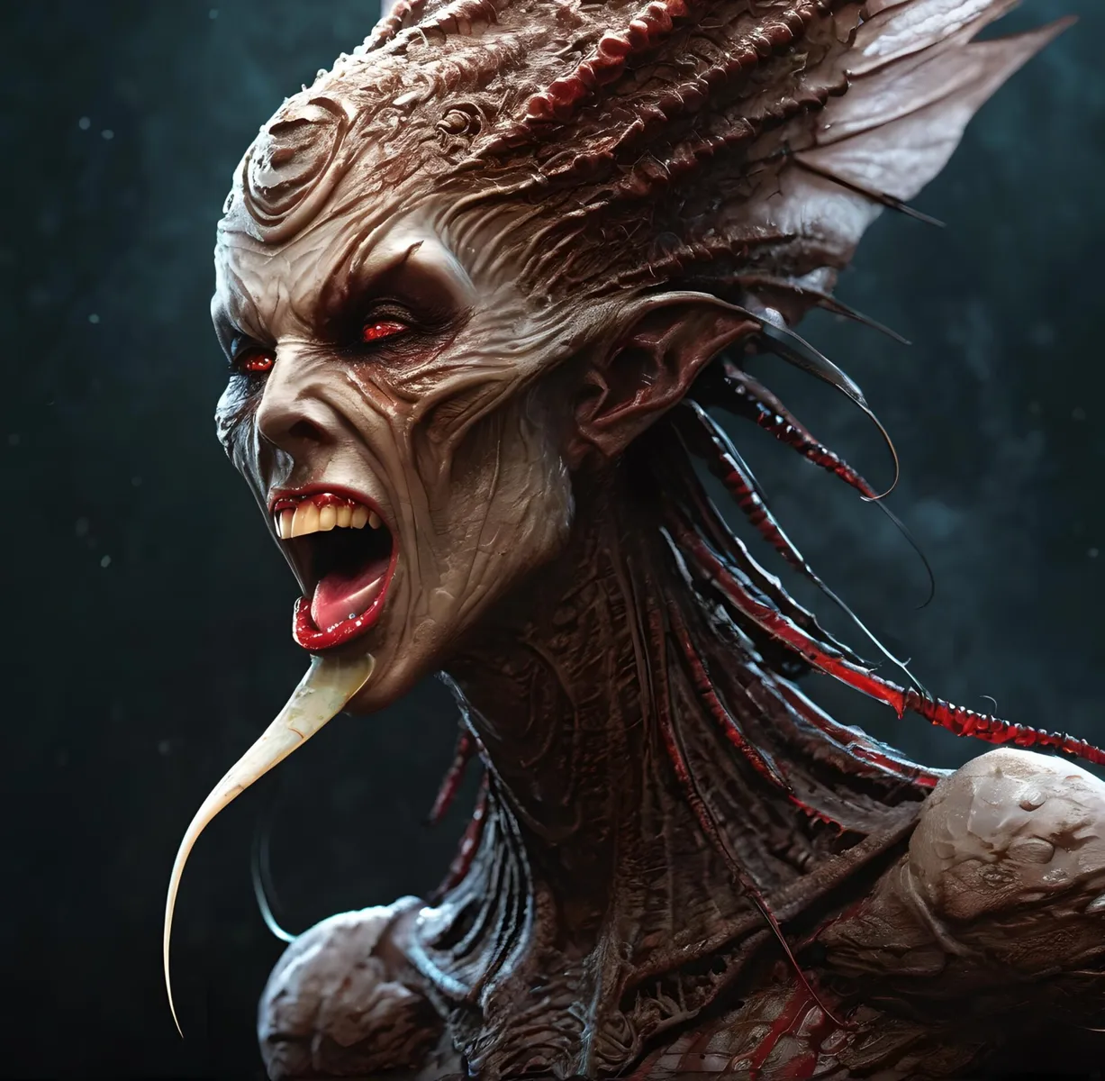 A menacing alien creature with sharp fangs, glowing red eyes, and detailed, textured skin, created using Stable Diffusion AI.