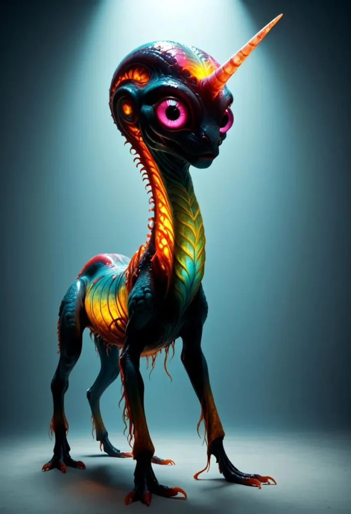 An ai generated image using stable diffusion depicting a fantastical alien creature with vibrant colors and a unicorn horn.