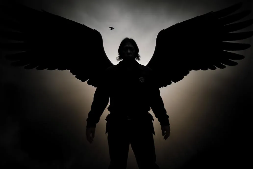 Silhouette of an angelic figure with large, dark wings spreading wide, illuminated against a moody sky with a single bird flying above, AI generated using Stable Diffusion.