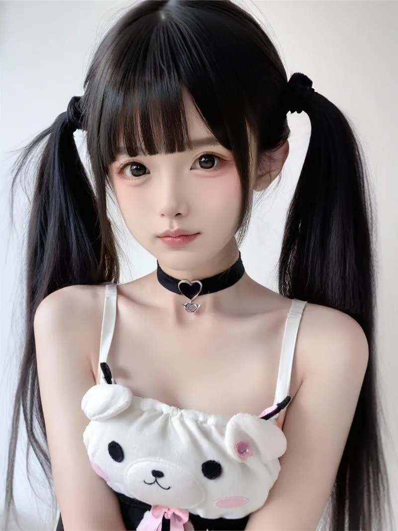 AI generated image using stable diffusion, featuring a kawaii style anime girl with long dark hair, wearing a black choker with a heart pendant, and a top with a cute bear design.