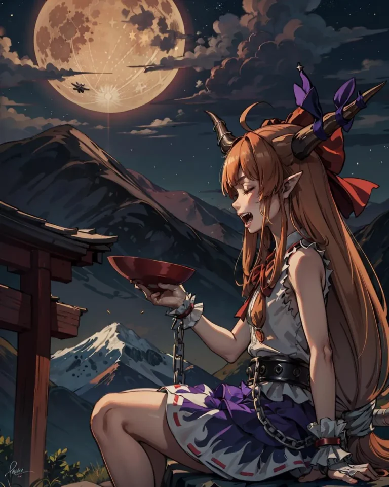 AI generated image using Stable Diffusion of an anime demon girl with horns, dressed in traditional Japanese clothing, sitting under a full moon with mountains and night sky in the background.