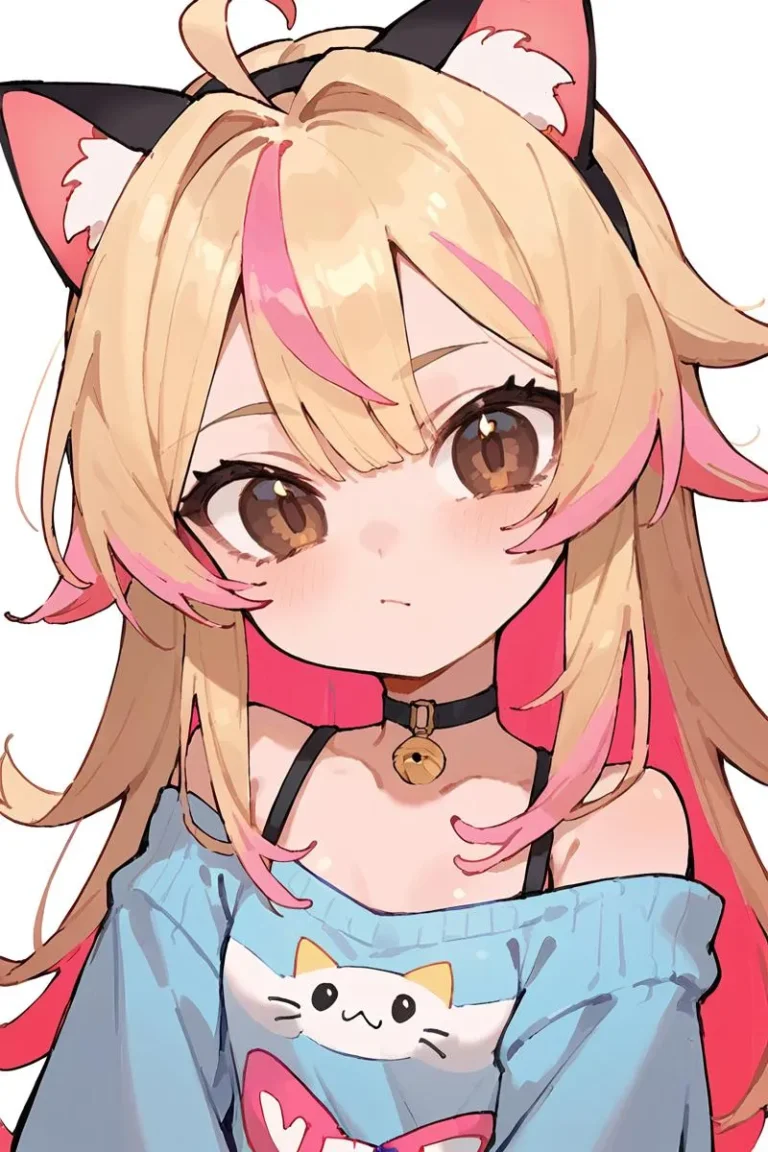 Anime girl with cat ears, blonde hair with pink streaks, wearing a blue shirt with a cat print, created using Stable Diffusion AI.