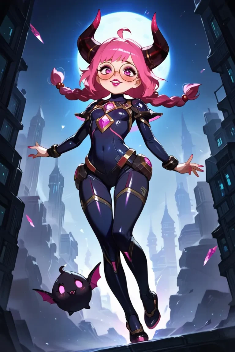 Anime-style pink-haired girl in a dark, futuristic city with a bat creature, AI-generated using Stable Diffusion.