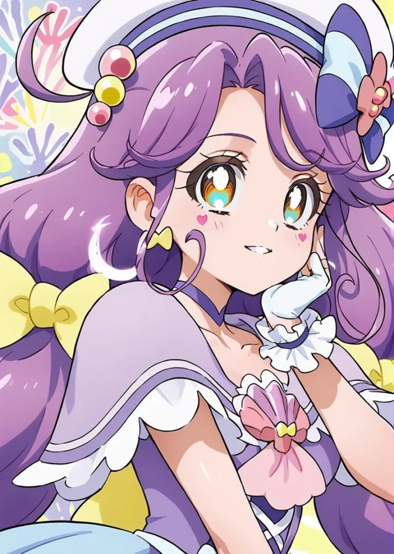 AI-generated anime girl with purple hair, wearing a sailor outfit, and colorful background created using stable diffusion.