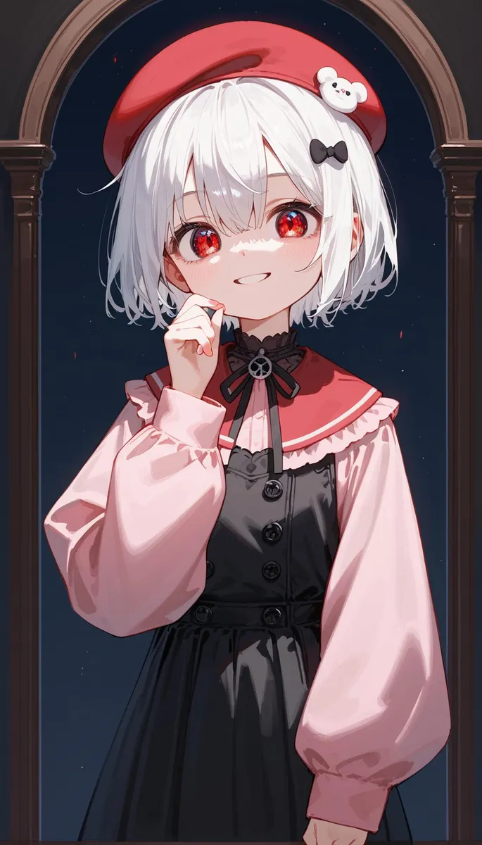 A cute anime girl with white hair and vibrant red eyes, wearing a red beret with a small bear decoration and a black dress with pink sleeves. This is an AI-generated image using Stable Diffusion.