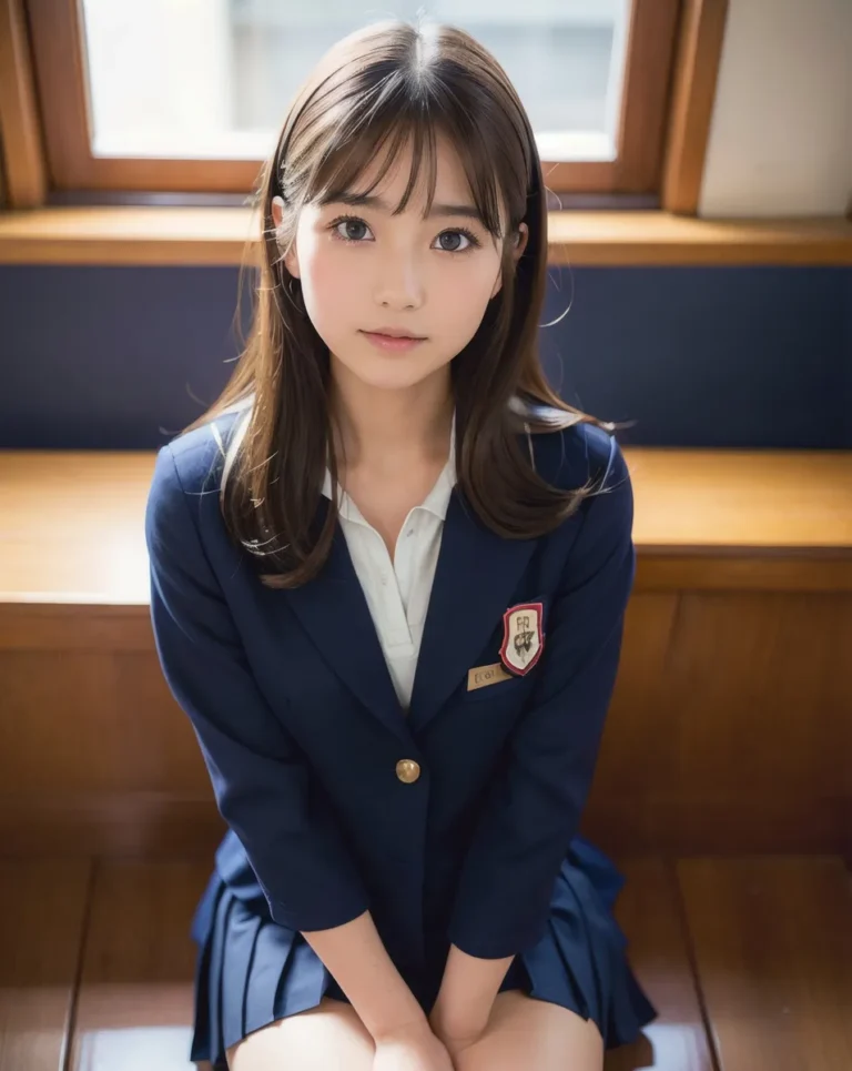 Anime style schoolgirl in a navy blue uniform sitting by a window, generated using Stable Diffusion.