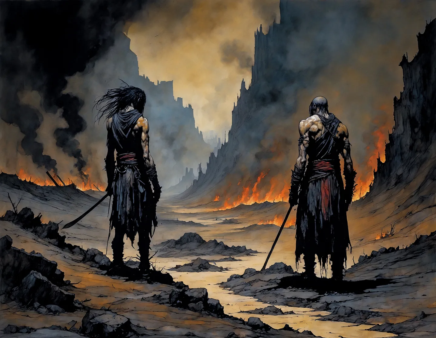 Two muscular apocalyptic warriors with swords stand amidst a burning, desolate landscape created using stable diffusion AI.