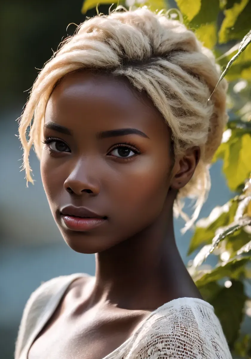 A stunning portrait of a woman with blonde dreadlocks, illuminated by natural light. This is an AI generated image using Stable Diffusion.