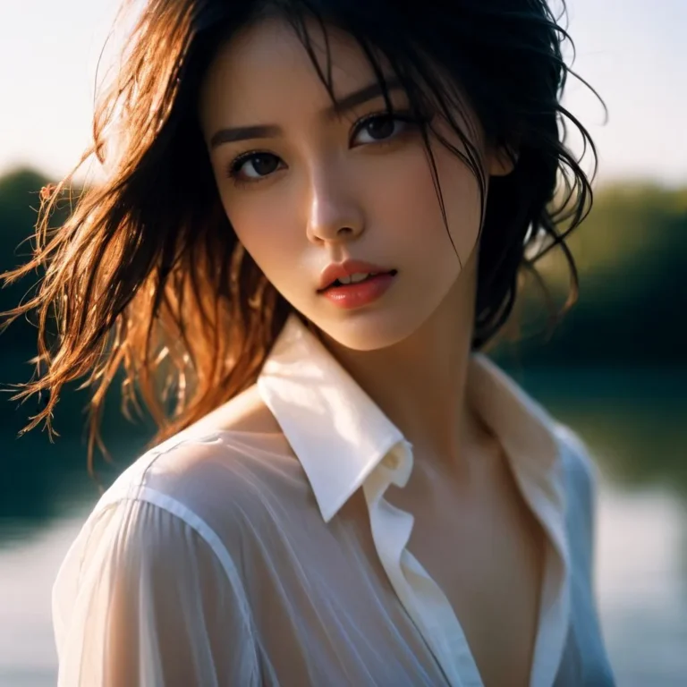 Serene close-up portrait of a beautiful woman with wavy dark hair, wearing a white blouse. AI generated image using stable diffusion.