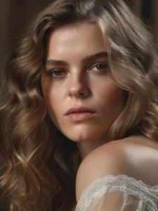 A close-up portrait of a beautiful woman with wavy hair and glowing skin, wearing a delicate lace garment, created using Stable Diffusion.