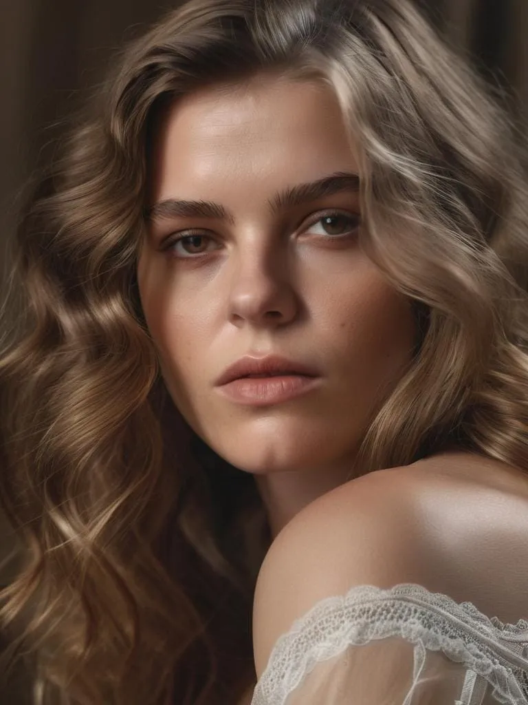 A close-up portrait of a beautiful woman with wavy hair and glowing skin, wearing a delicate lace garment, created using Stable Diffusion.