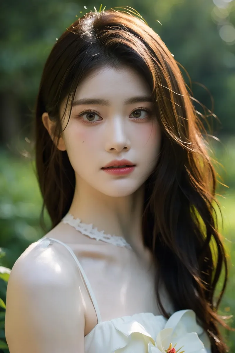 A portrait of a beautiful woman with long brown hair and a delicate white dress, in a lush garden background, AI generated using Stable Diffusion.