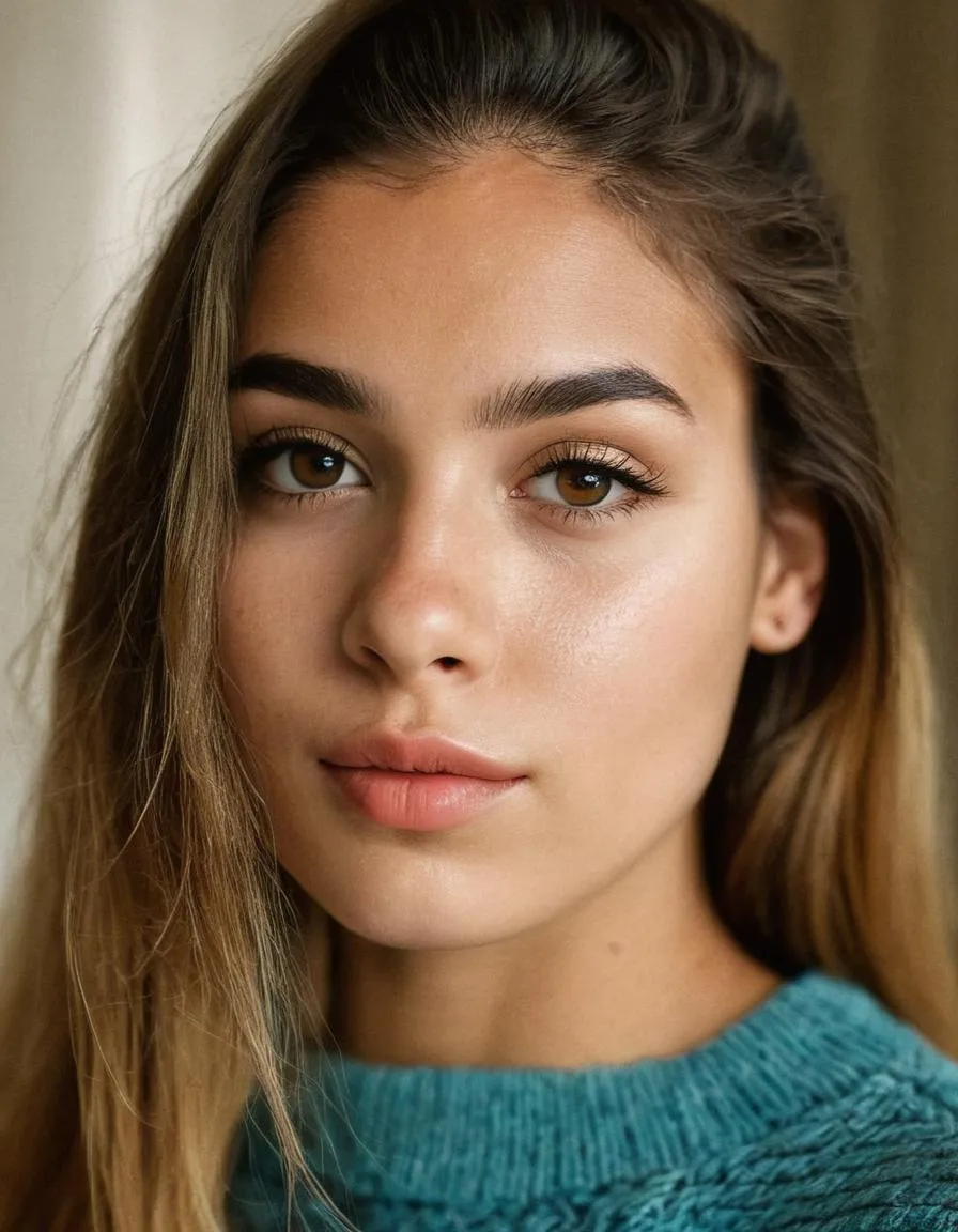 Beautiful woman close-up portrait with a neutral expression, wearing a blue sweater. AI generated image using Stable Diffusion.