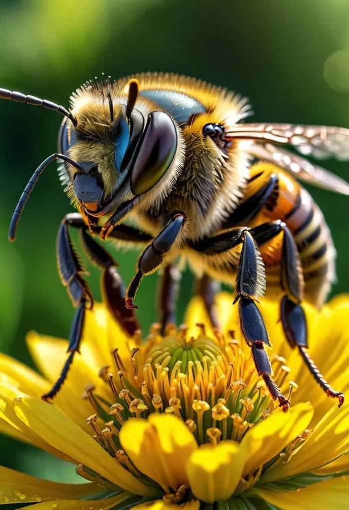 Close-up image of a bee on a yellow flower, emphasizing the details of the bee's features. Ai generated image using stable diffusion.