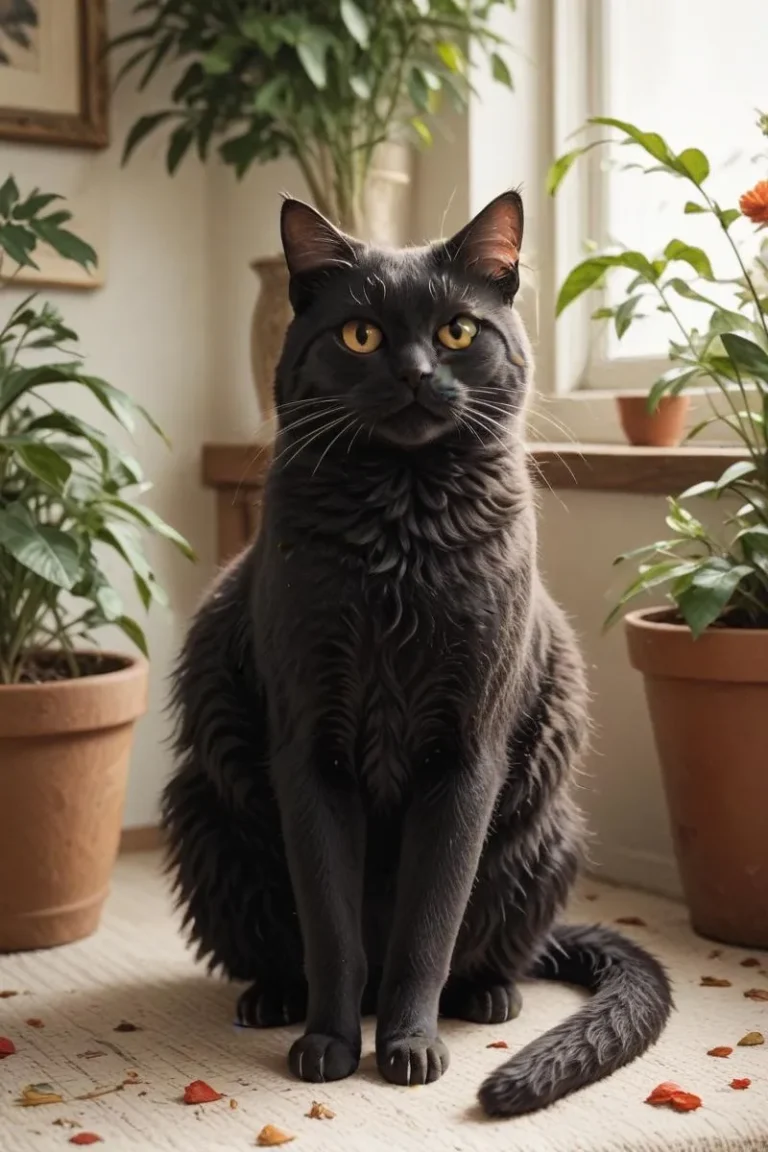 AI generated image using Stable Diffusion of a black cat with yellow eyes sitting among indoor plants in clay pots.