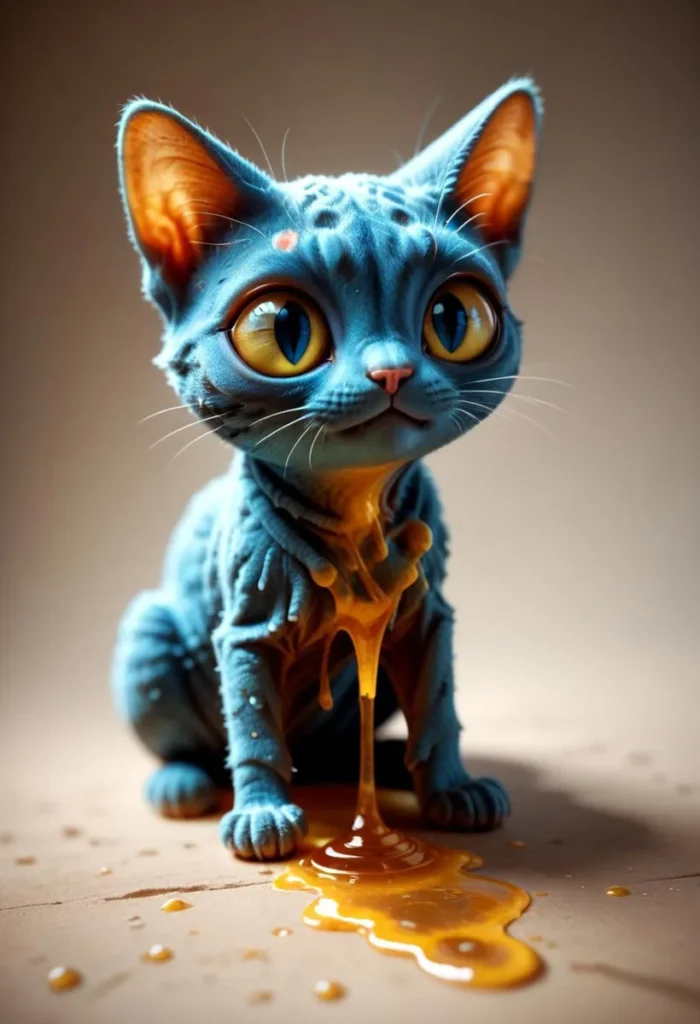 A cute blue cat with large yellow eyes dripping honey from its mouth, created using stable diffusion.