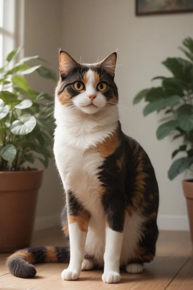 A beautiful AI generated image of a calico cat sitting indoors, created using stable diffusion.