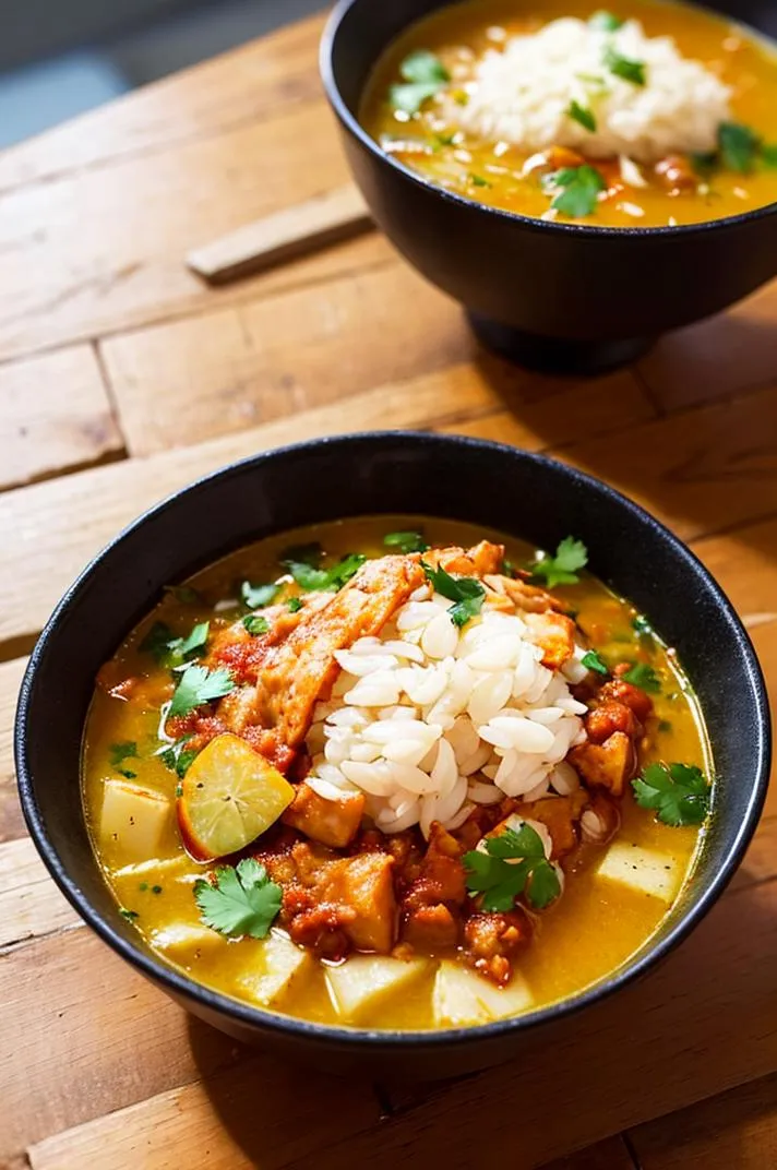 A delicious bowl of hearty chicken soup featuring chicken pieces, potatoes, fresh cilantro, lime wedge, and a garnish of white beans, all in a rich broth. This is an AI generated image using stable diffusion.