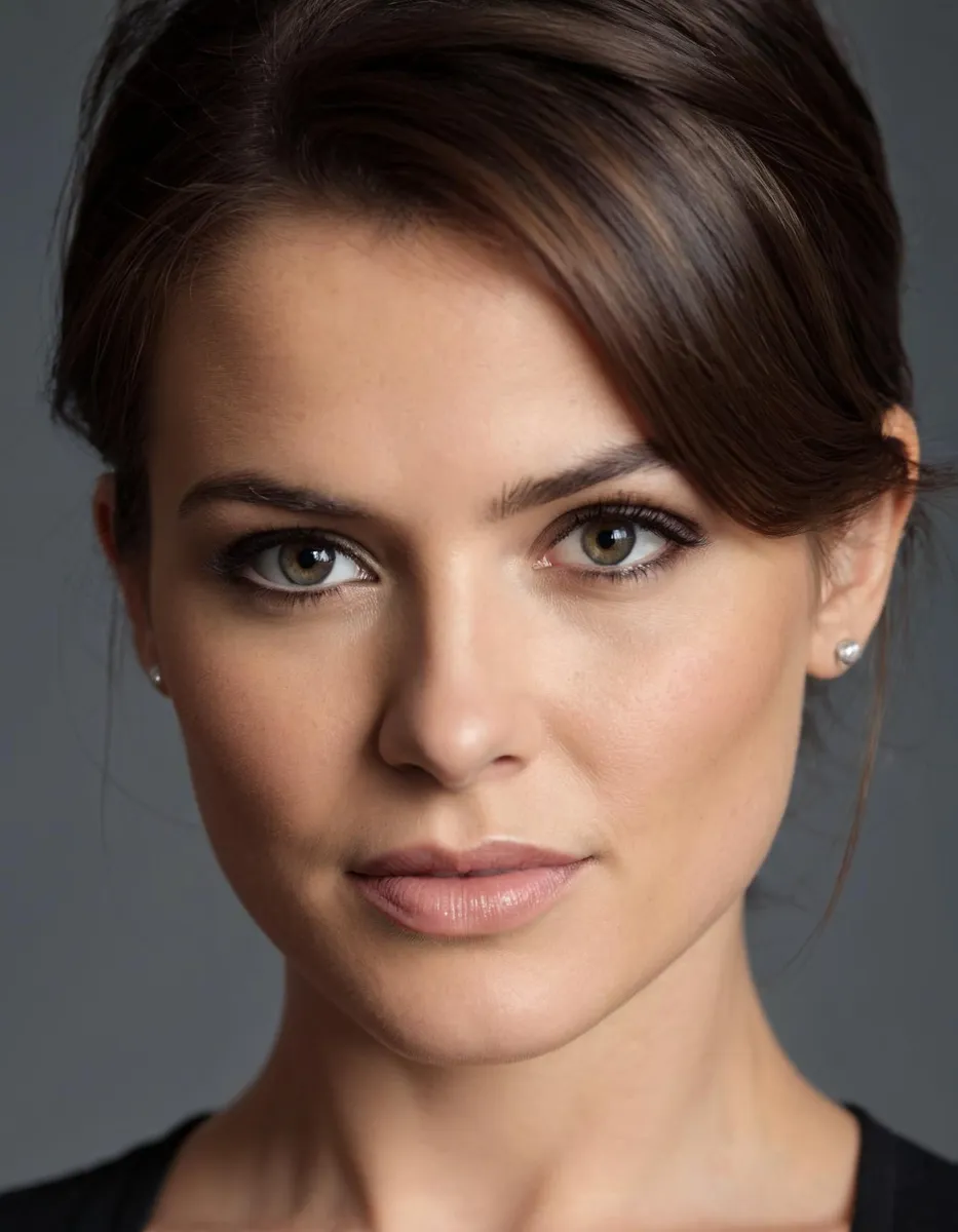 Close-up portrait of a young woman with brown hair, light makeup, and neutral expression. This is an AI generated image using stable diffusion.