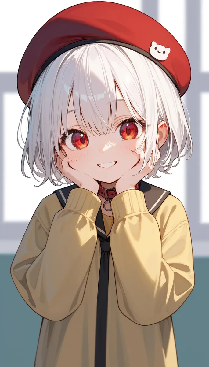 Cute anime girl with white hair, red eyes, and a red beret, AI generated image using stable diffusion