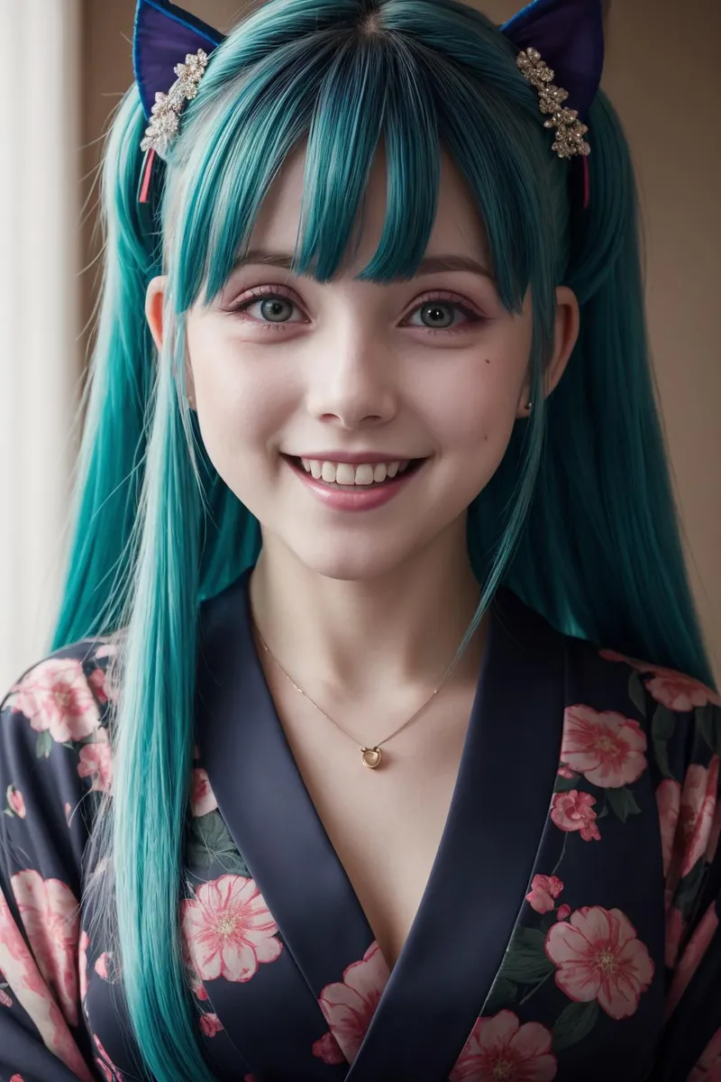 A cute girl with teal hair and cat ear accessories smiling, dressed in a kimono with floral patterns. This is an AI generated image using stable diffusion.