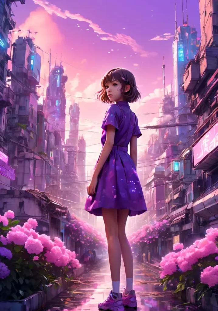 A girl wearing a violet dress stands in a futuristic cityscape with towering buildings and a pink sky, generated using stable diffusion