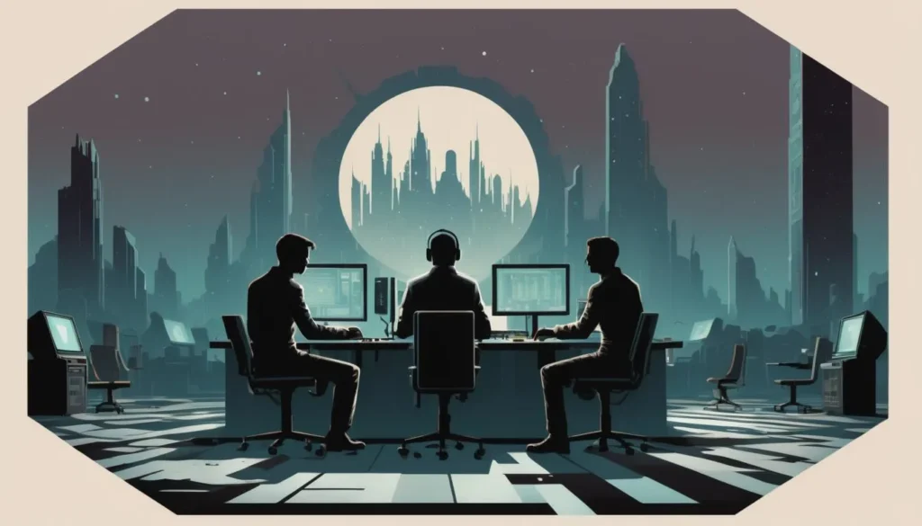 A cyberpunk office with three silhouetted workers at computer stations, background features a futuristic cityscape with a giant moon, created using stable diffusion.