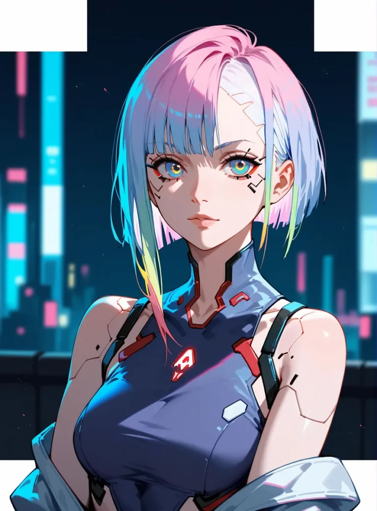 A cyberpunk-themed anime girl with pink and blue hair, wearing a futuristic outfit. AI-generated image using Stable Diffusion.