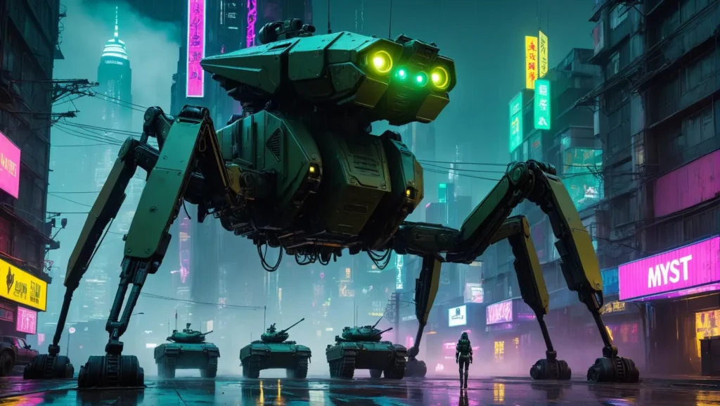 Cyberpunk cityscape featuring a giant quadrupedal robot with bright neon lights, accompanied by smaller tanks and a lone human figure, created using stable diffusion ai.