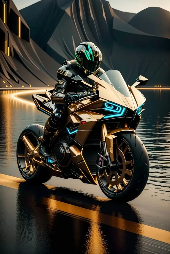 Futuristic motorcycle with a cyberpunk rider, showcasing advanced technology in a sci-fi setting. Ai generated image using stable diffusion.