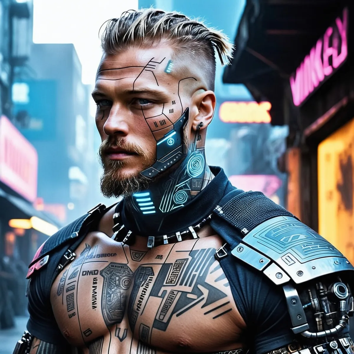 A detailed cyberpunk warrior character with futuristic facial and body implants, created using Stable Diffusion AI technology.