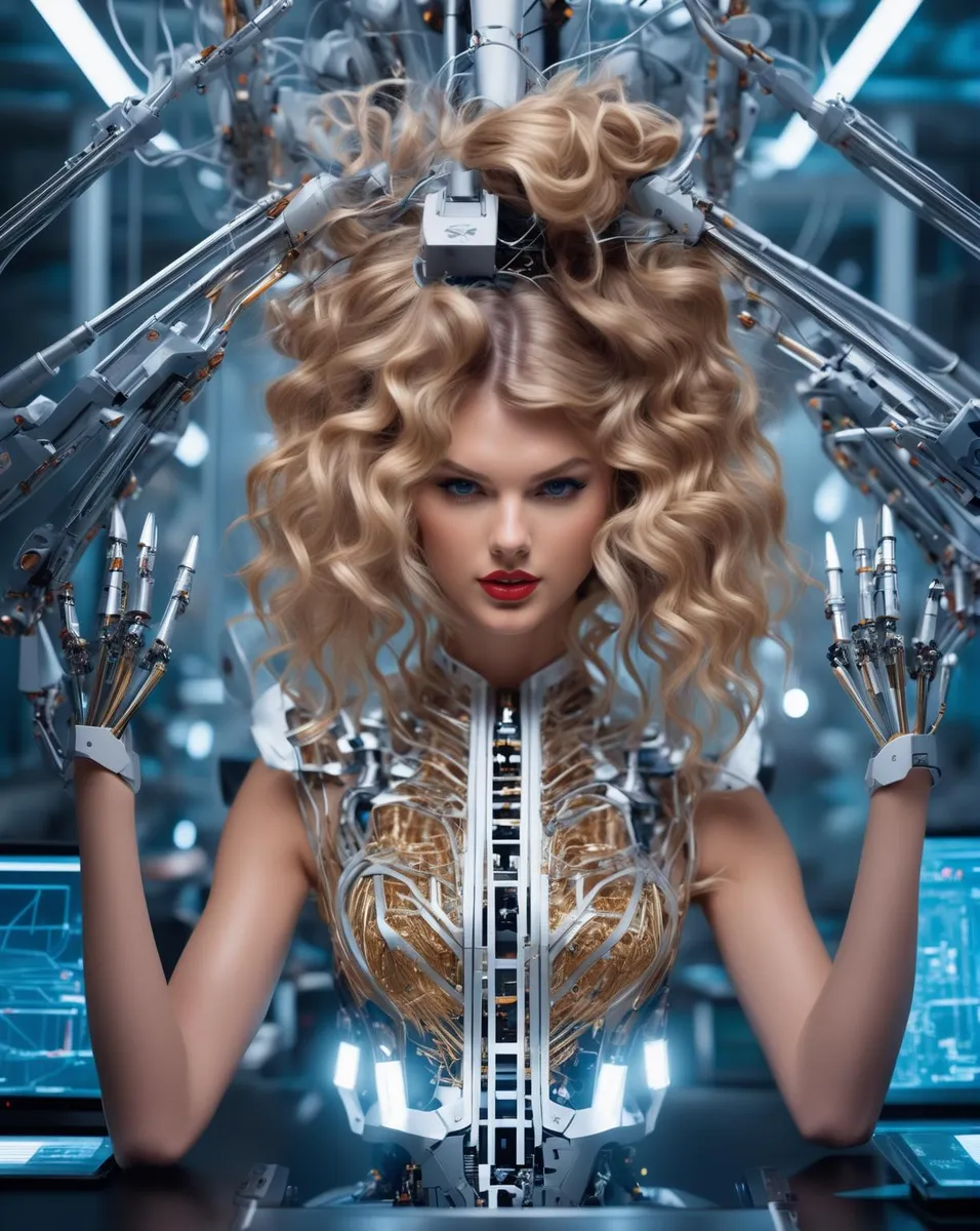 A futuristic cyborg woman with curly hair and mechanical arms, generated using stable diffusion.