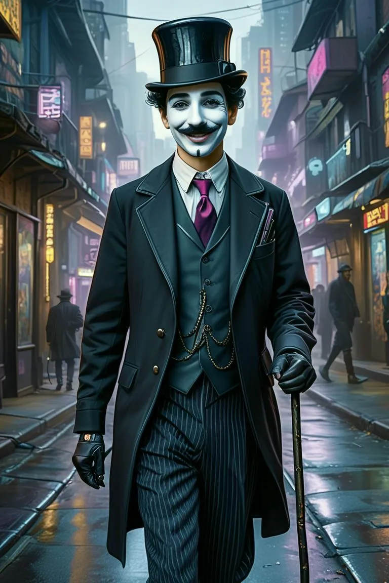 A dapper gentleman with a top hat and mask walking down a cyberpunk street. AI generated image using Stable Diffusion.