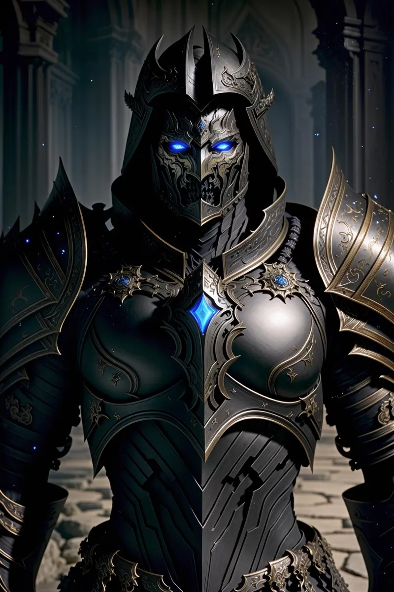 A dark knight in intricately designed fantasy armor with glowing blue eyes and detailed engravings, created using Stable Diffusion.