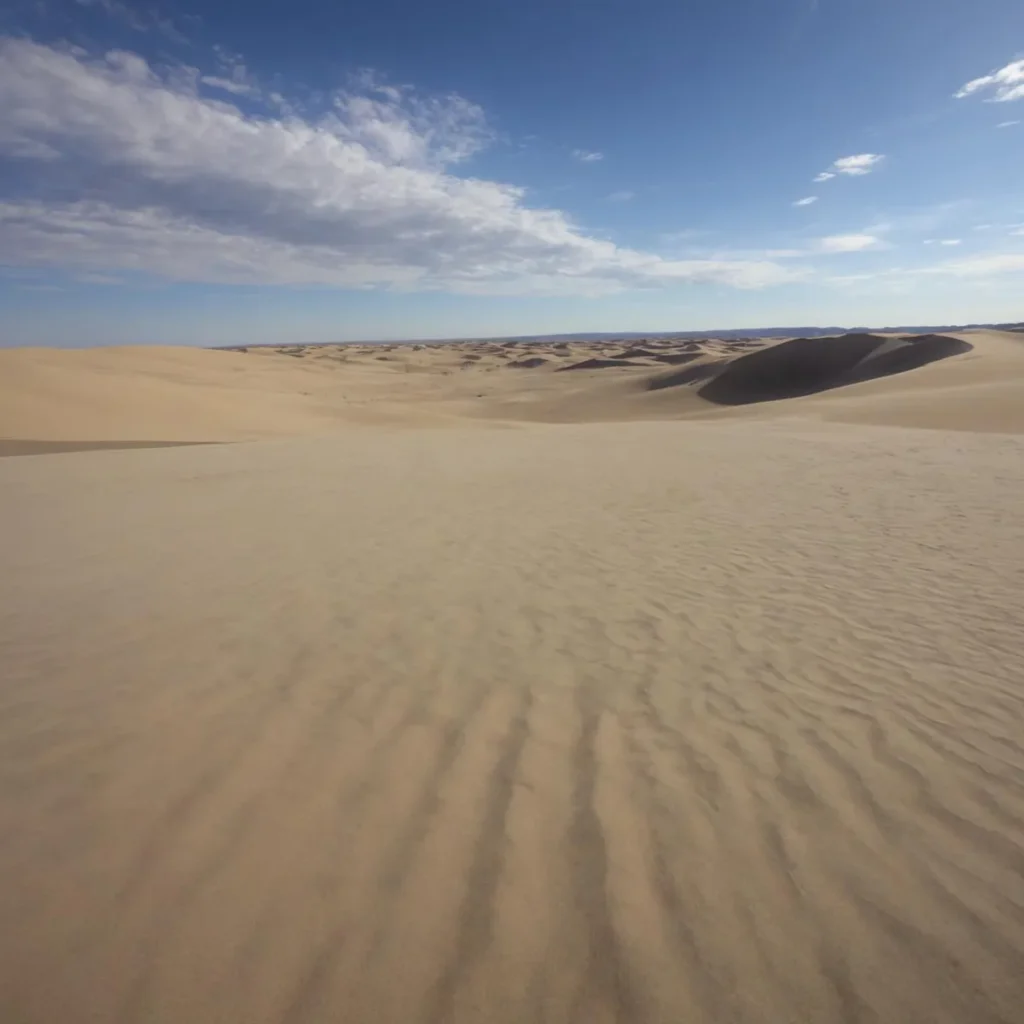 Vast desert landscape with rippled sand dunes under a clear blue sky, ai generated image using stable diffusion.