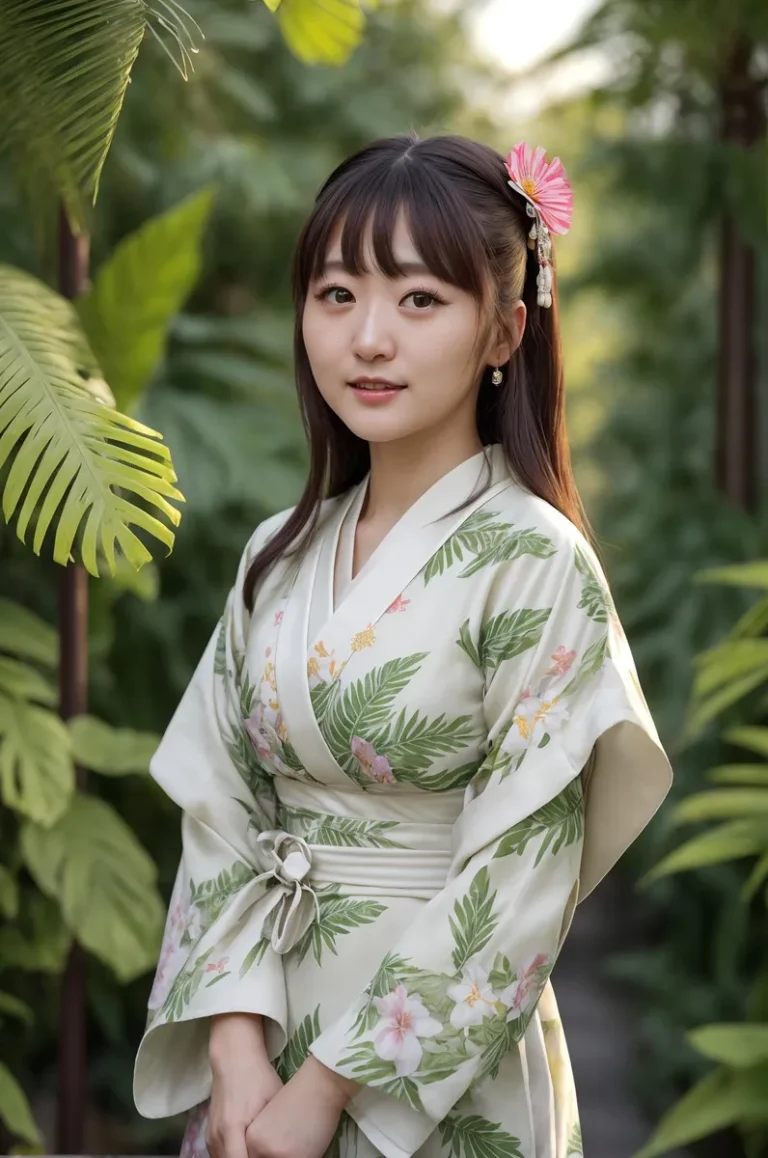 A beautiful woman wearing an elegant kimono with floral patterns standing amidst lush greenery. This is an AI generated image using Stable Diffusion.