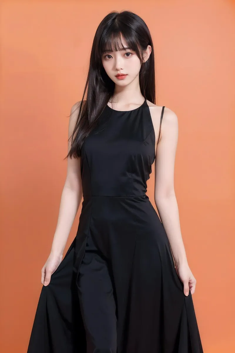 Elegant woman in a black dress, with long straight hair and blunt bangs, standing against an orange background. AI generated image using stable diffusion.