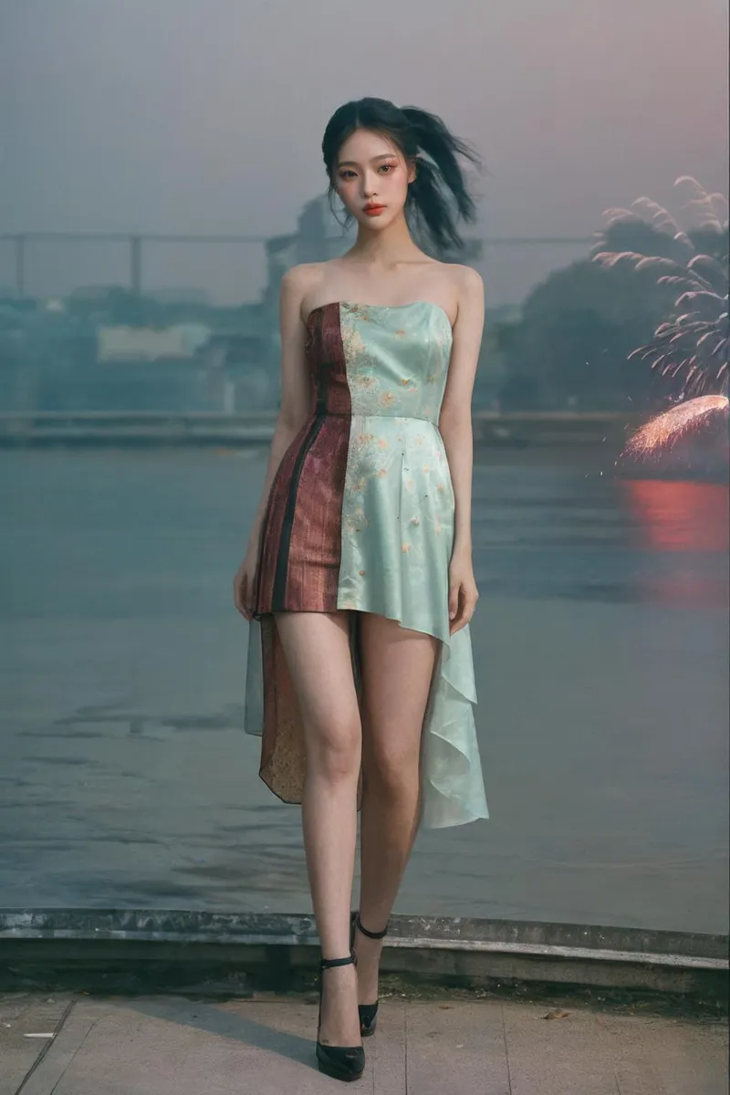 Elegant woman in a stylish, multi-colored evening dress standing outdoors with fireworks in the background. AI generated image using Stable Diffusion.