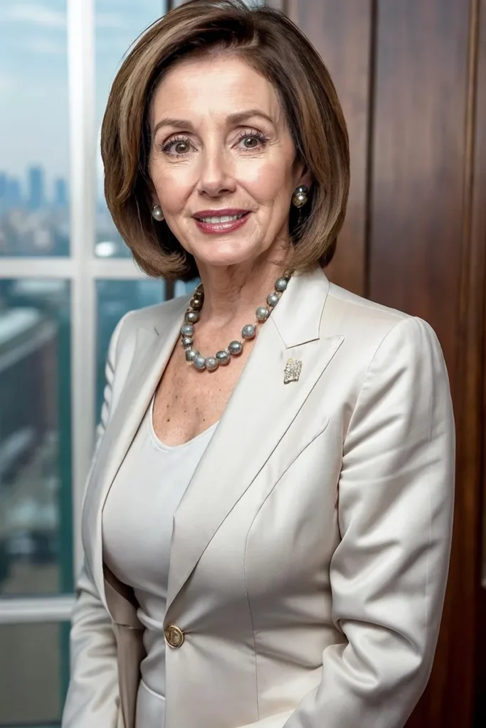 A professional portrait of an elegant woman wearing a beige blazer and pearl necklace, ai generated image using stable diffusion.