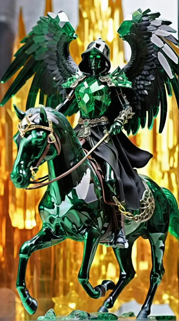 A striking ai generated image of an emerald knight riding a crystal horse with wings and detailed armor, created using stable diffusion.