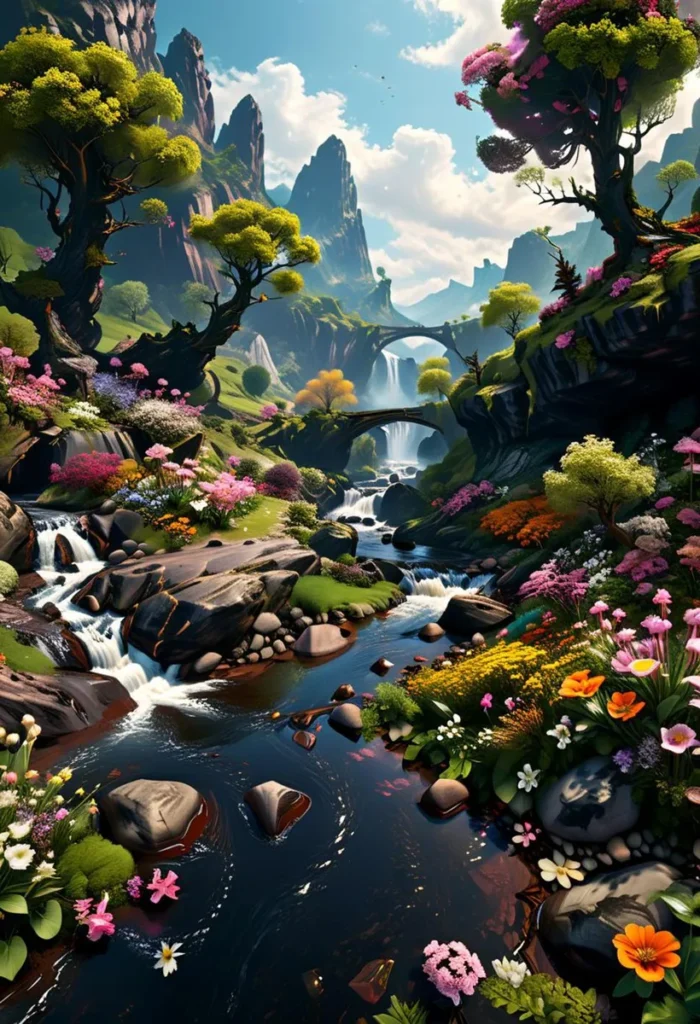 Ai generated image using stable diffusion of a fantasy landscape with an enchanted forest, featuring vibrant, flowering trees, rocky stream, cascading waterfalls, and towering mountains under a cloudy sky.