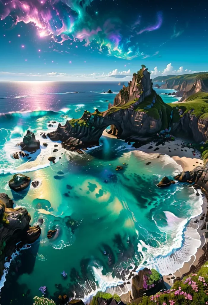 A fantasy beach with turquoise ocean and magical sky. Ai generated image using stable diffusion.